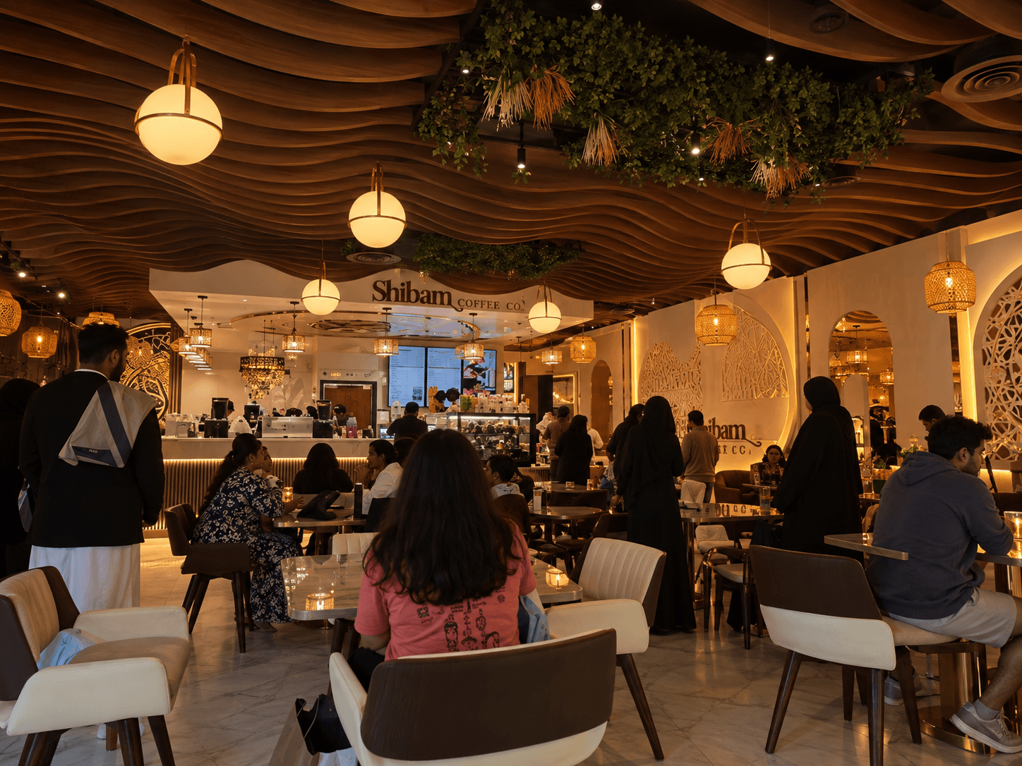 Busy Shibam Coffee café filled with guests and warm architectural details