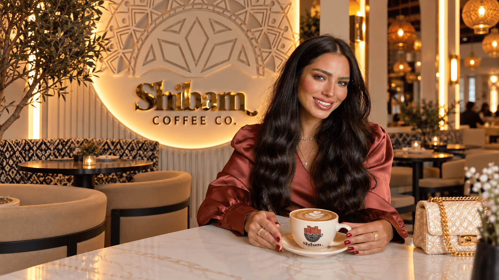 Guest enjoying a Shibam Coffee cup in a warm café interior