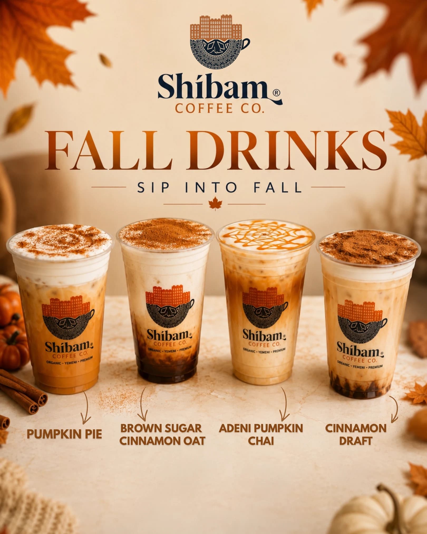 Shibam Coffee Fall Drinks 2026 menu artwork featuring four seasonal drinks