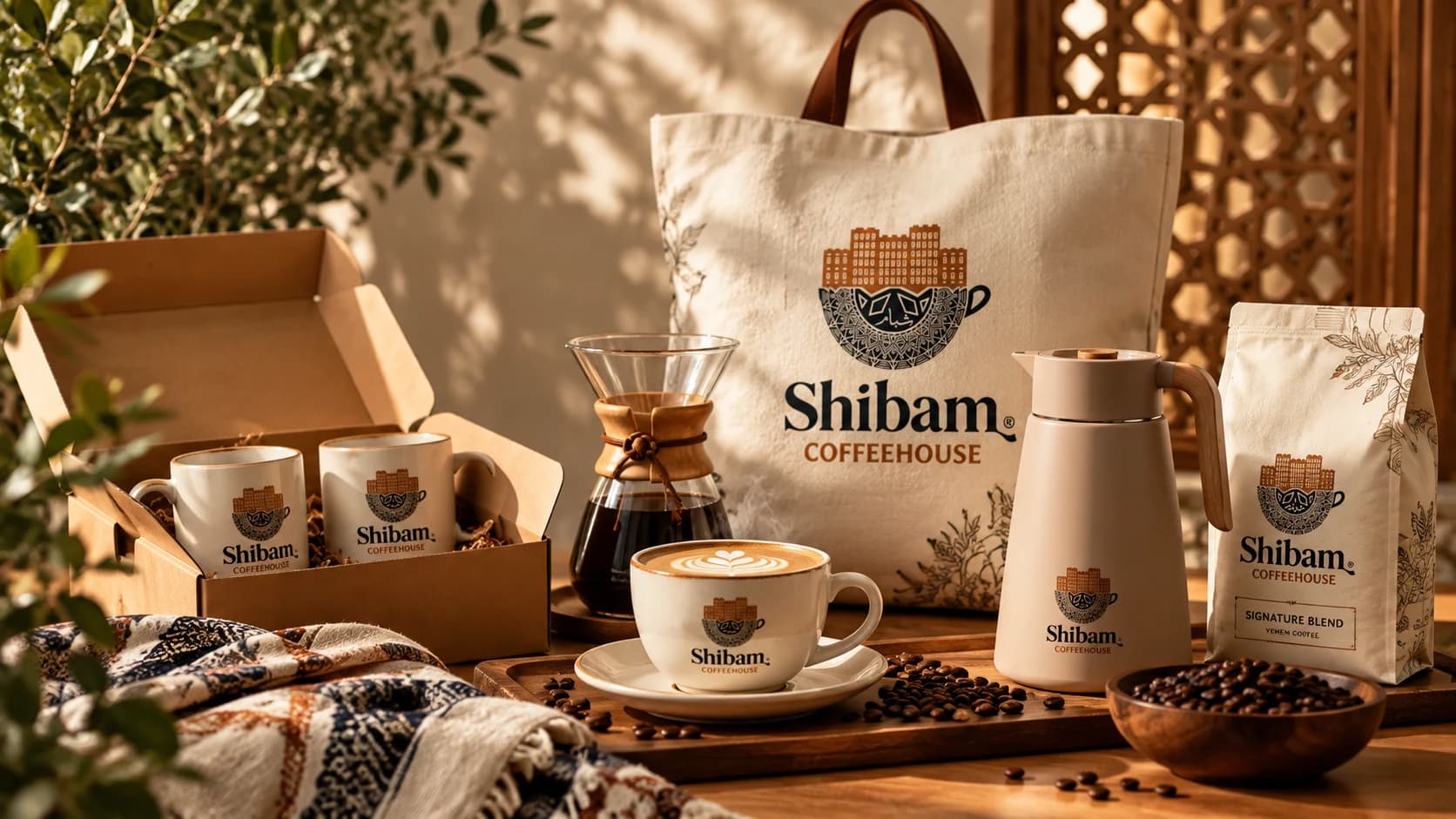 Shibam Coffee products, coffeeware, and branded packaging