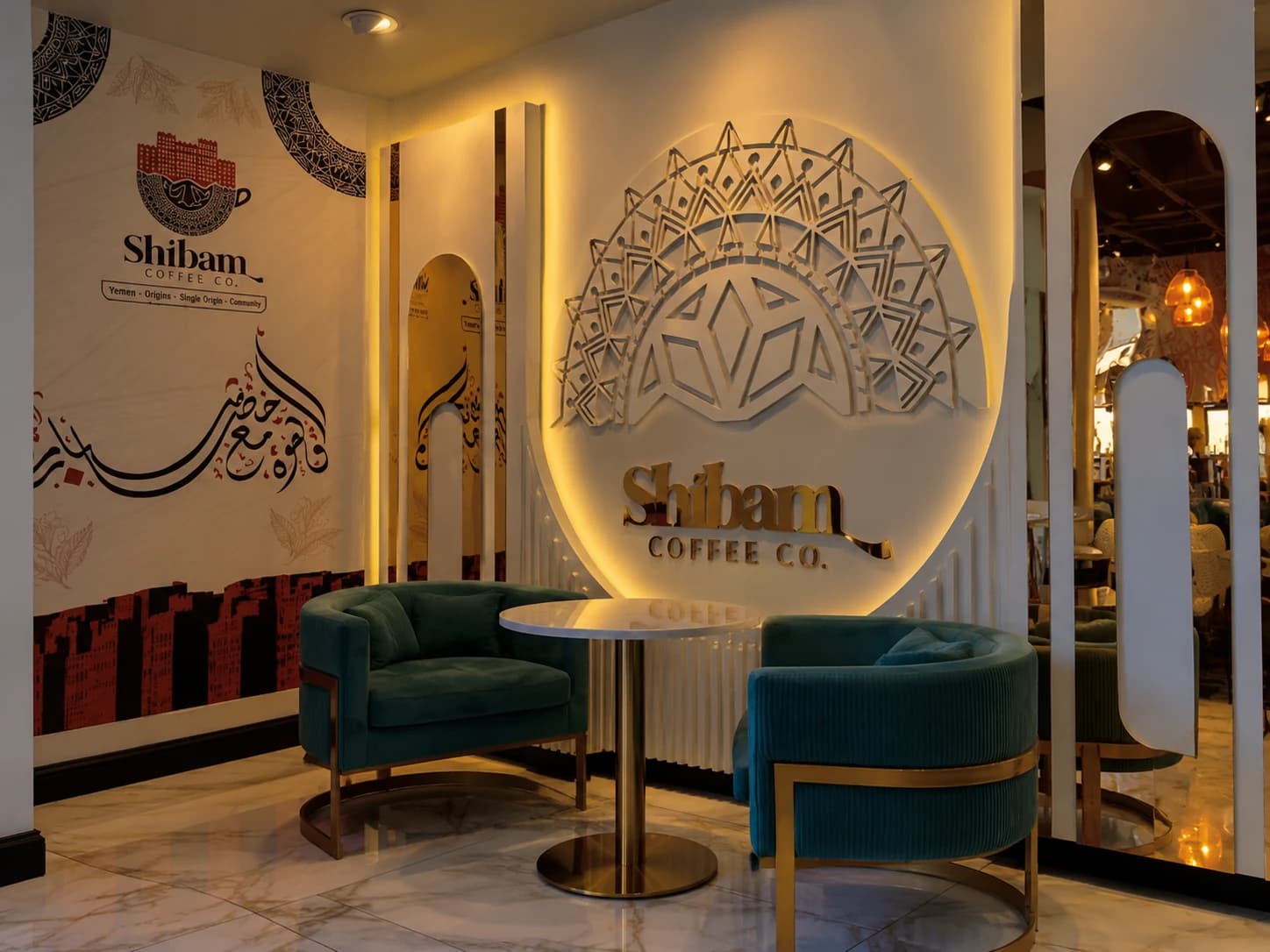Albany Shibam Coffee seating area with illuminated wall art