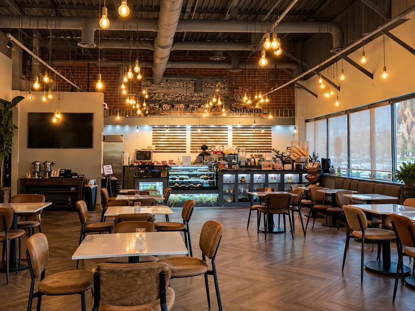 Canton Haggerty Shibam Coffee café interior with illuminated tables and seating