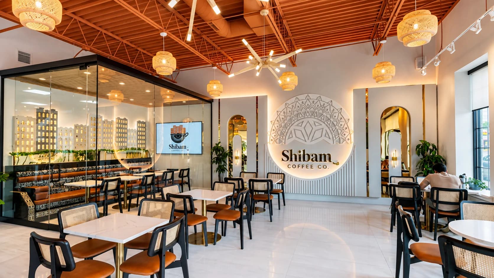 Dearborn Shibam Coffee café interior with illuminated seating, counter, and wall décor