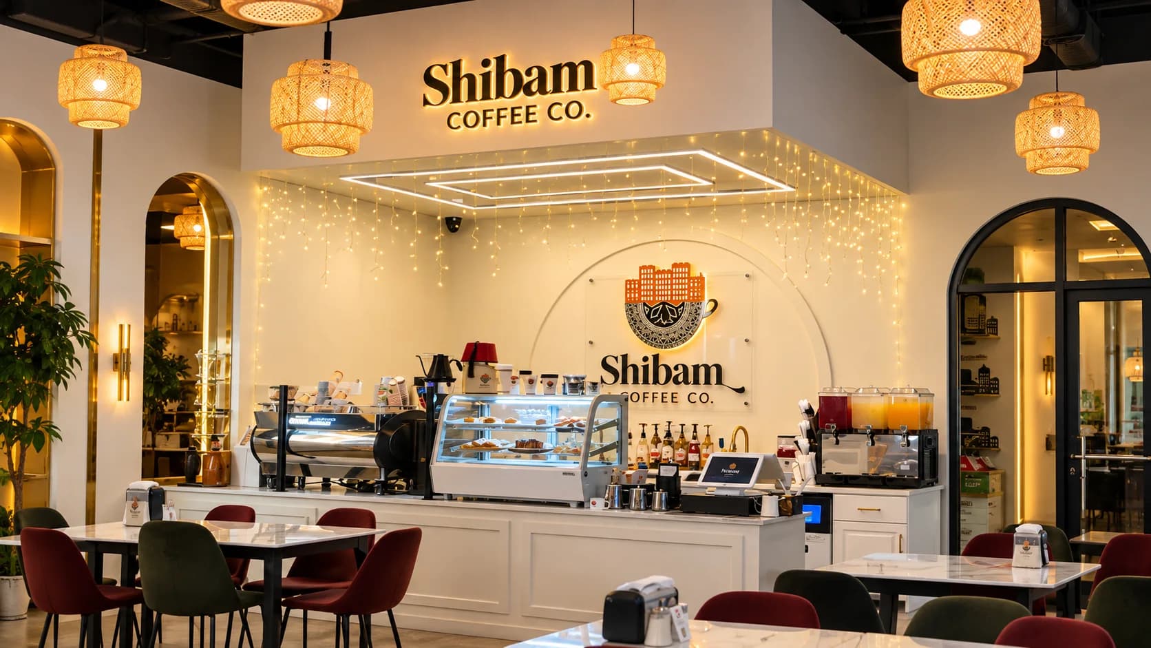 Dearborn Heights Shibam Coffee café interior with illuminated counter and seating