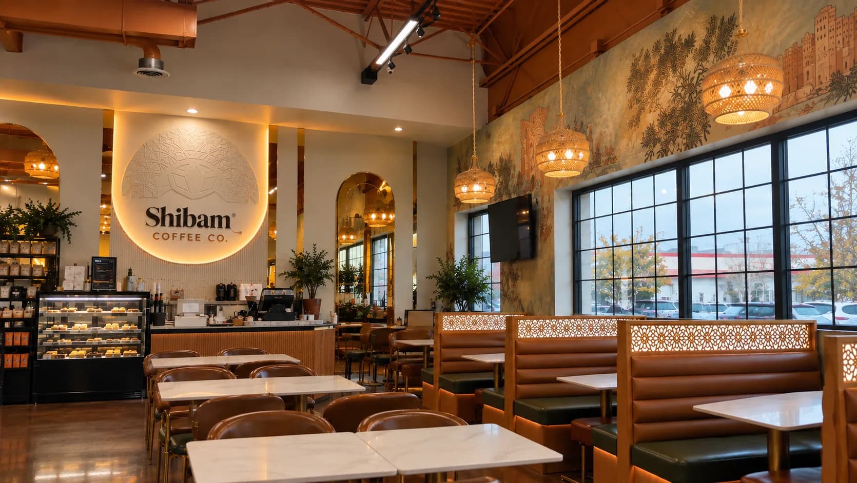 Hamtramck Shibam Coffee café interior with mural, counter, and seating