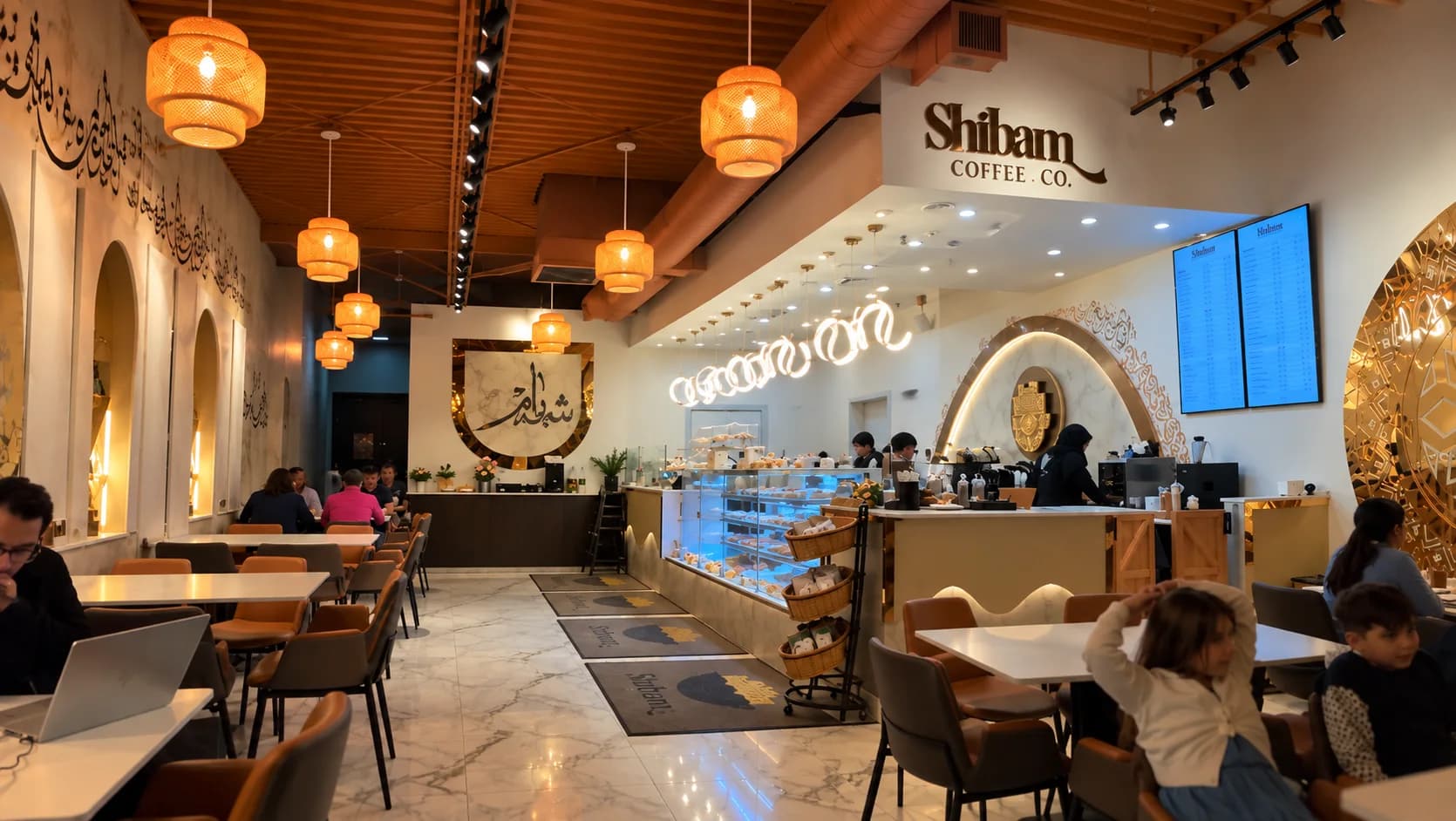 Westlake Shibam Coffee café interior with counter, seating, and illuminated signage